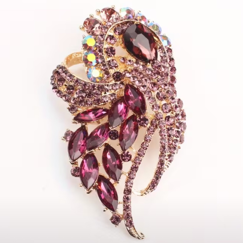 Vintage Style Rhinestone & Gemstone Pink Leaf Statement Brooch NEW